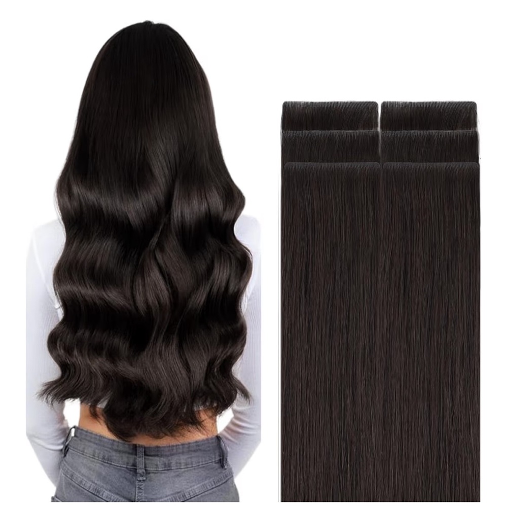 GOO GOO Invisi Edge Tape in Hair Extensions Human Hair, 2 Dark Brown, 6pcs 14in